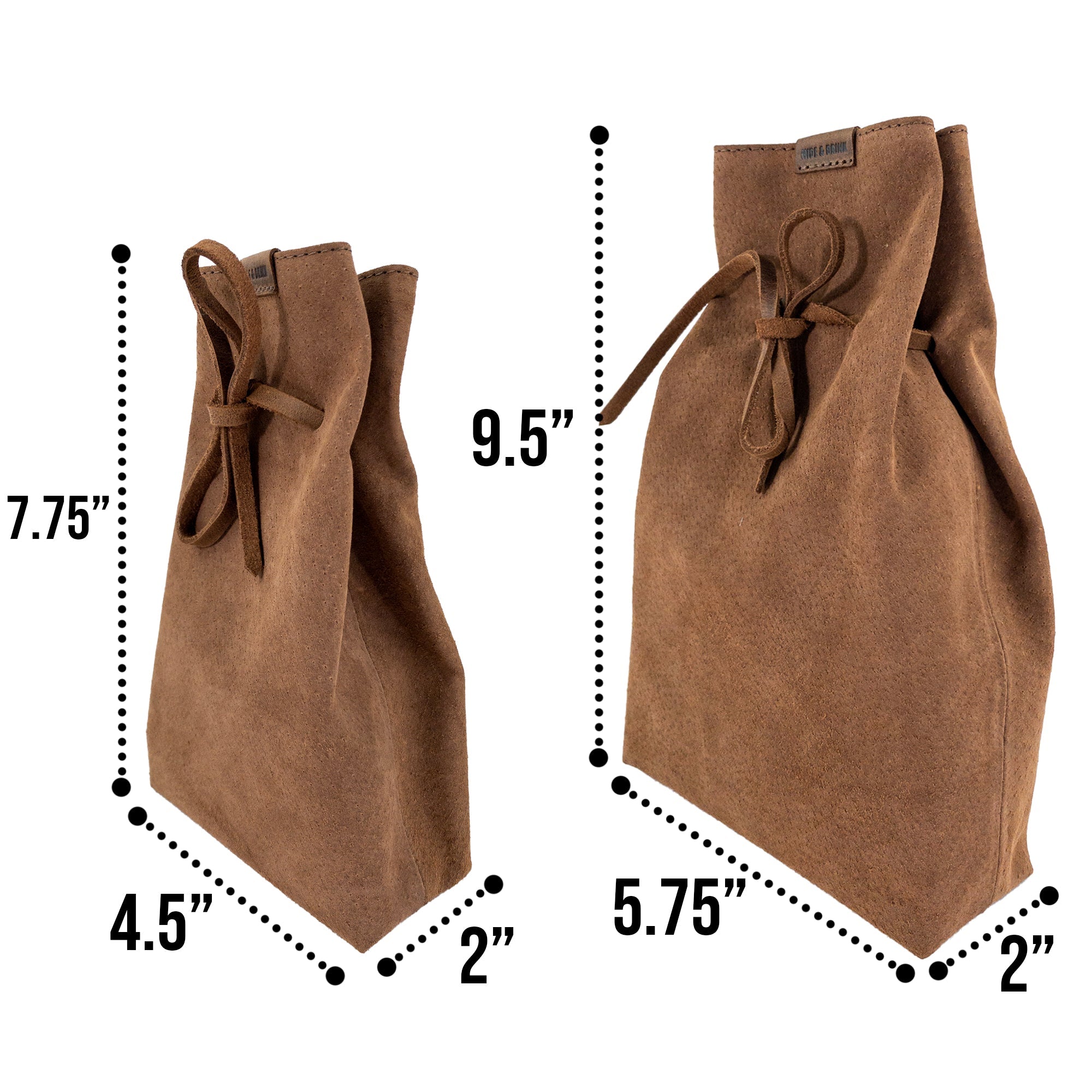A close-up look at Hide & Drink's Drawstring Sack (2 pack) demonstrating the high-quality craftsmanship and design. Drawstring Sack (2 pack) Handmade from Sheepskin and Full Grain Leather, StockyardX, Small Batch Production, Hand Cut, Hand Sewn, Fire Branded, Artisan, Handmade in La Antigua Guatemala & Oaxaca Mexico.