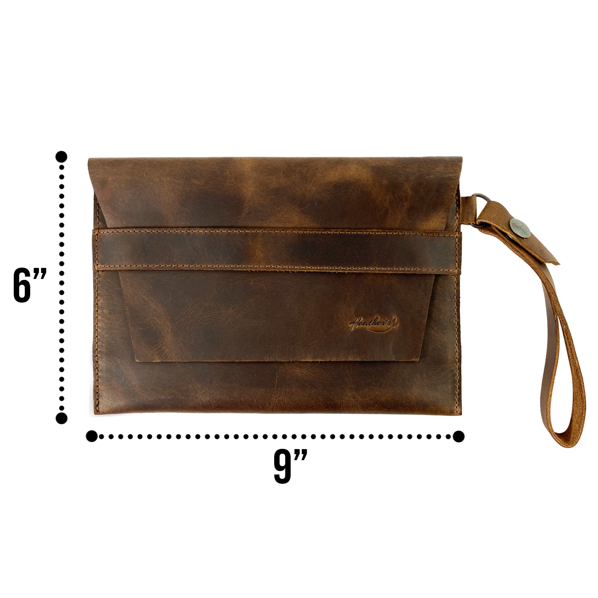 Dimensions of Heather's Vintage Clutch Bag displayed to underline its practicality as a wrist wallet for cards and money. Crafted from full grain leather, this handmade accessory reflects the artisanal techniques of small batch production in La Antigua Guatemala & Oaxaca Mexico.