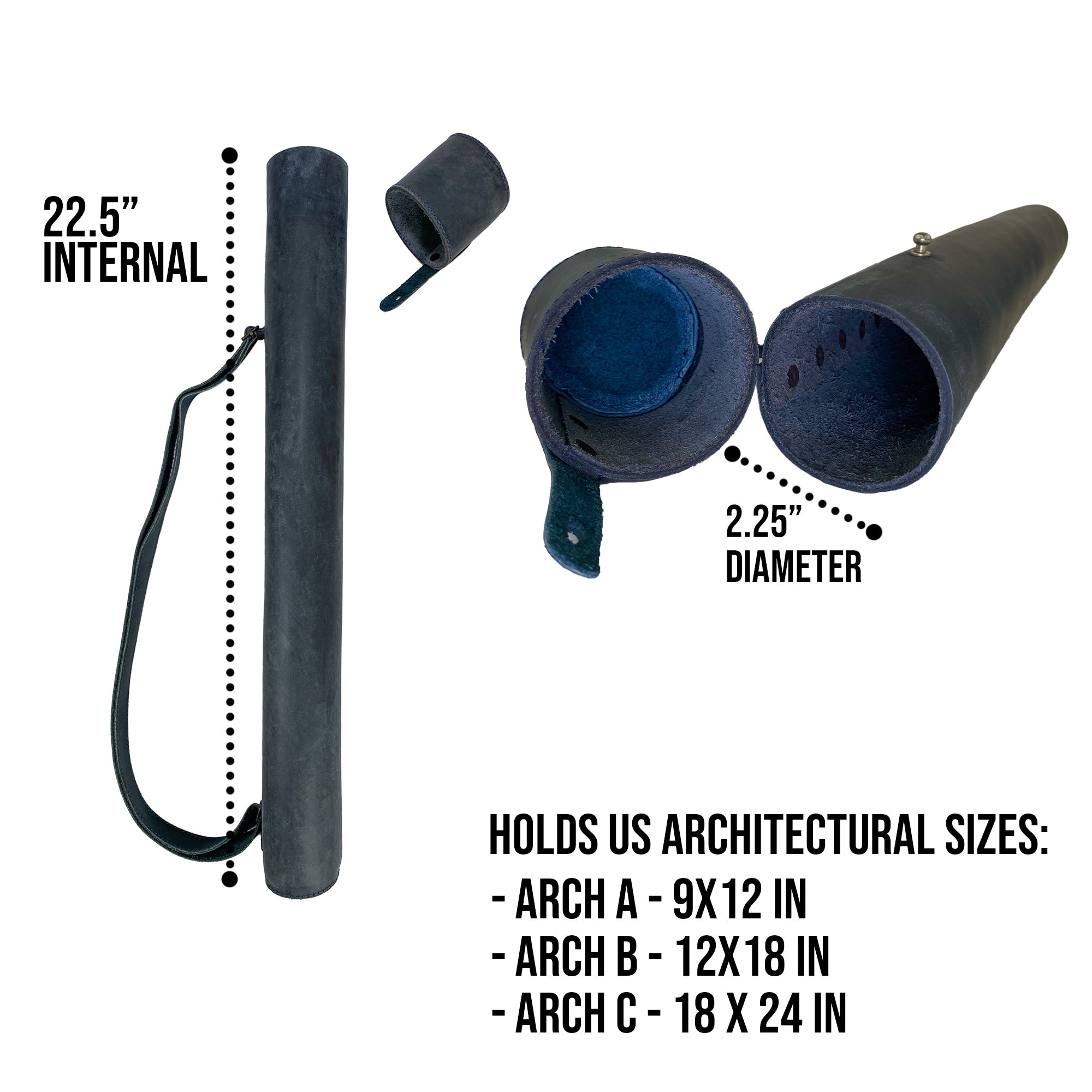 Close-up of Hide & Drink's Blueprint Tube (A2 Paper Size) in black, showcasing its refined design and functionality. This document storage tube features an adjustable strap and reflects StockyardX's small batch production and artisan craftsmanship from La Antigua Guatemala & Oaxaca Mexico.