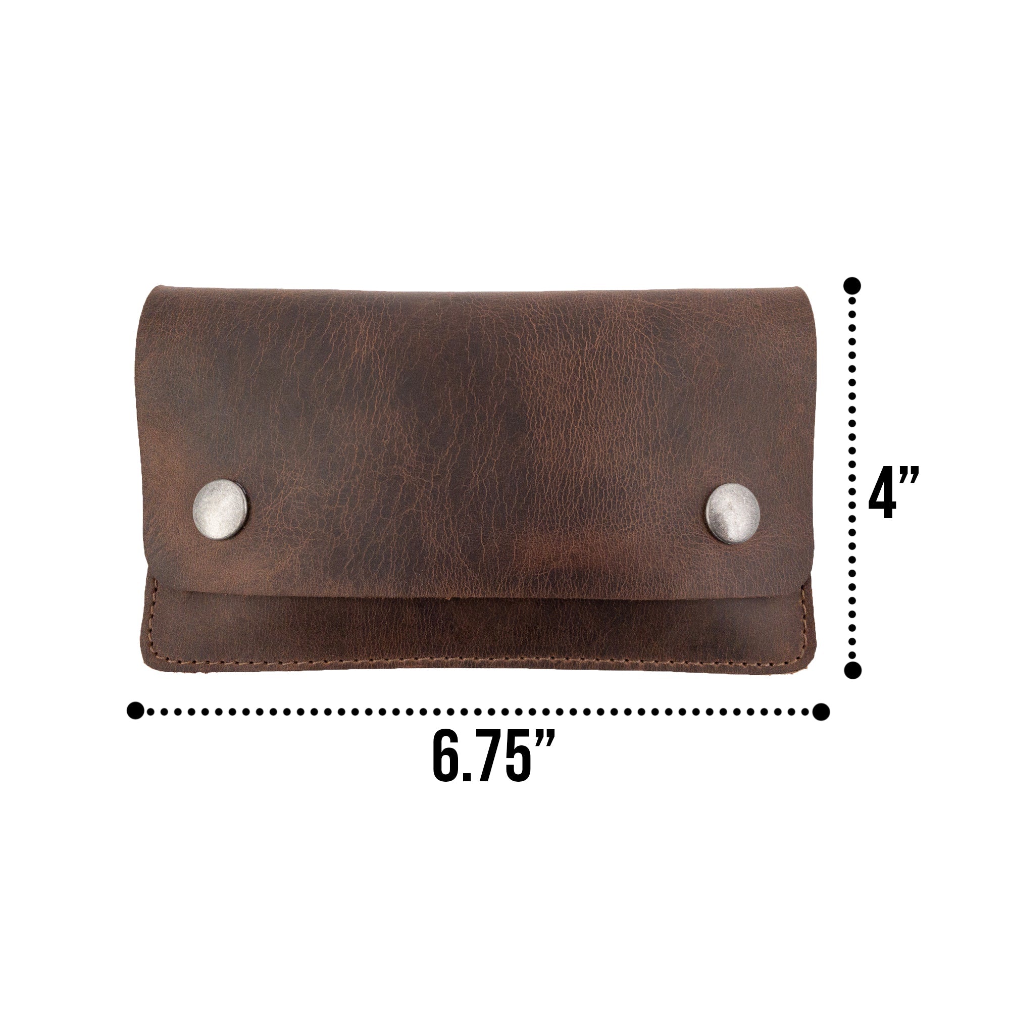 Hide & Drink’s Double Snap Tobacco Pouch displayed flat, showcasing its classic style and dimensions of 6.75 inches by 4 inches. Made from full grain leather in small batch production, this artisan smoking case is hand cut, hand sewn, and fire branded, perfect for travel accessories.