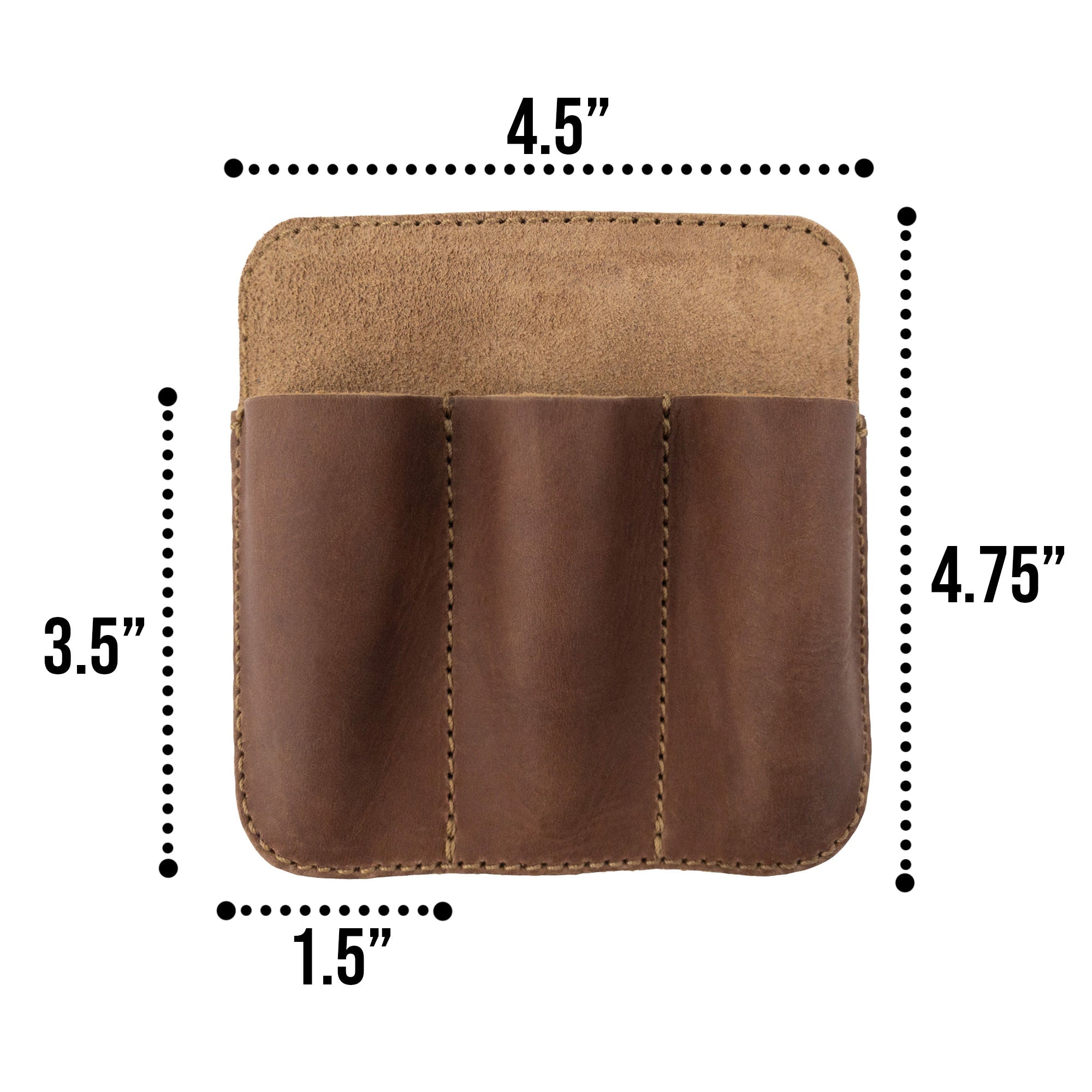 Side view of the Hide & Drink Minimalist Tool Pocket highlighting its compact design. This Full Grain Leather Tool Pocket Pouch is hand cut and sewn, emphasizing the artisan techniques from La Antigua Guatemala in StockyardX's small batch production.