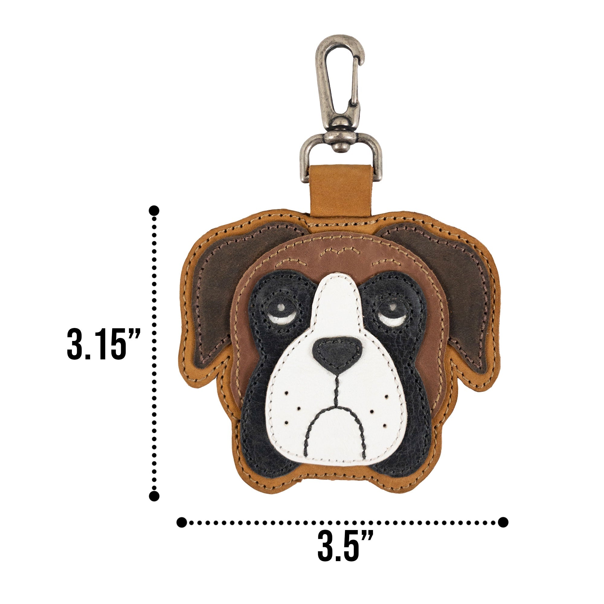 Dimensions of the Boxer Face Charm by TACO DOG are highlighted, showcasing its quality design in Full Grain Leather. This artisan piece demonstrates small batch production with hand cut and hand sewn details. Handmade in La Antigua Guatemala & Oaxaca Mexico for dog enthusiasts.