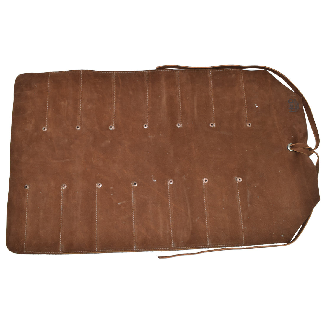 Hide & Drink Tool Roll (12 Pockets): Aerial view of a leather tool roll laid flat, demonstrating its generous size and slot capacity for various hand tools. Tool Bag Roll Up, 12 Slot Heavy Duty Tool Roll Bag Organizer, Tool Roll Up Bag, Portable Tool Wrap Roll Bags for Travel, Durable Tool Kit Folding Tool Pouch Roll Up Mechanic Gifts for Men, Full Grain Leather, StockyardX, Small Batch Production, Hand Cut, Hand Sewn, Fire Branded, Artisan, Handmade in La Antigua Guatemala & Oaxaca Mexico.