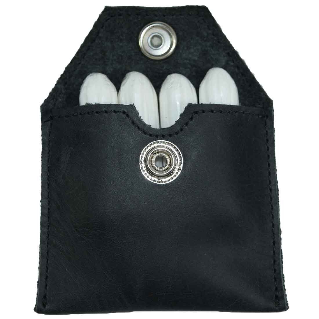 Hide & Drink Tampon Case showcasing its interior meant for secure storage, perfect for tampons and condoms. Crafted with full grain leather, highlighting small batch production and artisan methods.