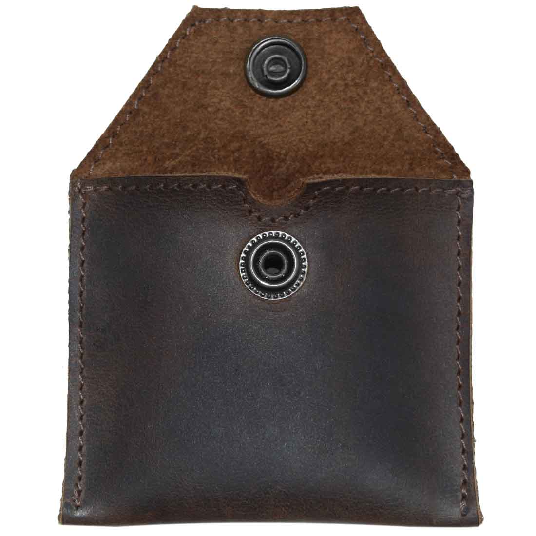 Hide & Drink Tampon Case with a sleek leather exterior, perfect for storing tampons or condoms. Made with fire branded artisan techniques in La Antigua Guatemala, this pouch is an elegant example of handmade leather goods.