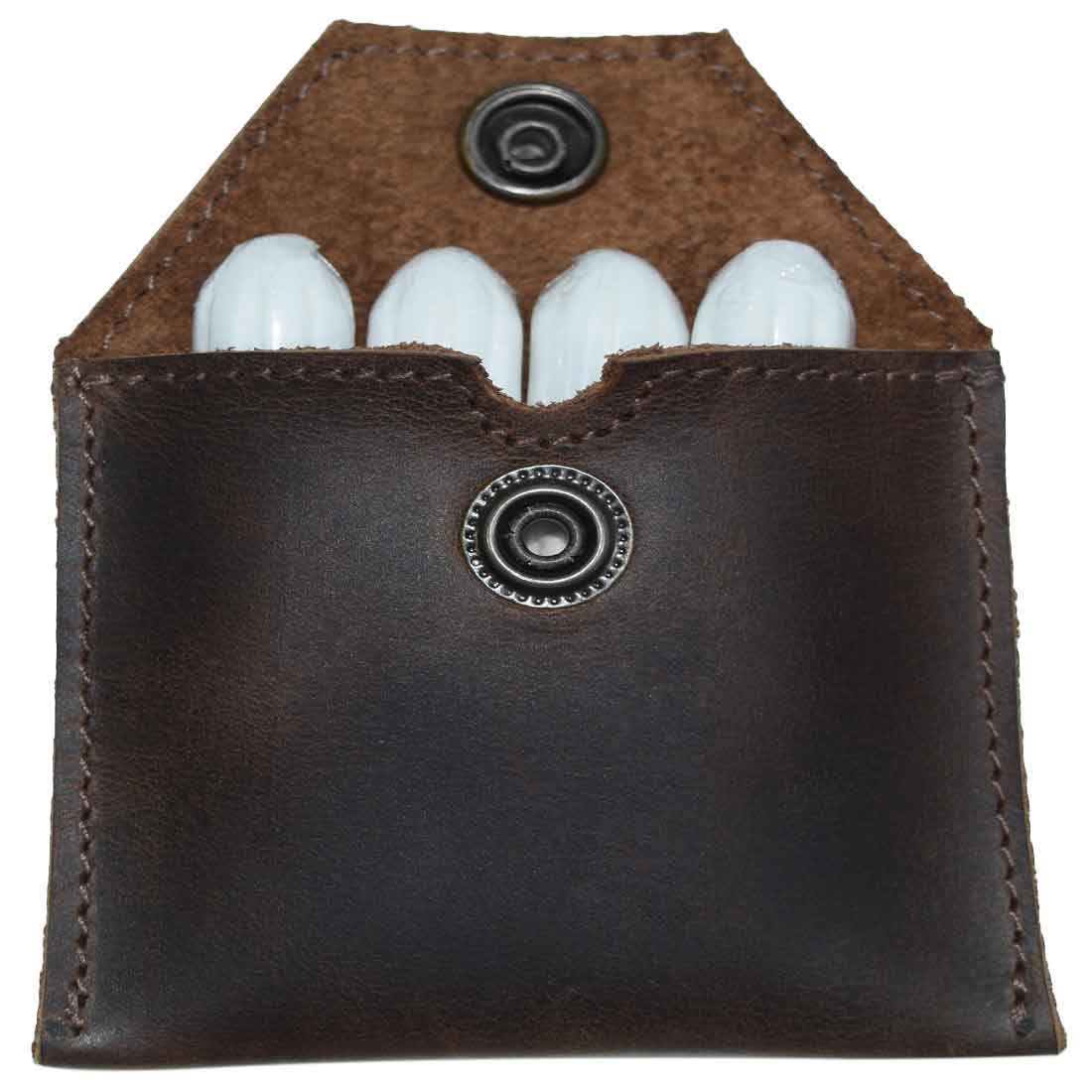 Hide & Drink Tampon Case featuring rustic full grain leather design, ideal for discreet storage of feminine products or condoms. This handcrafted piece embodies small batch production principles and showcases artisan craftsmanship from La Antigua Guatemala.