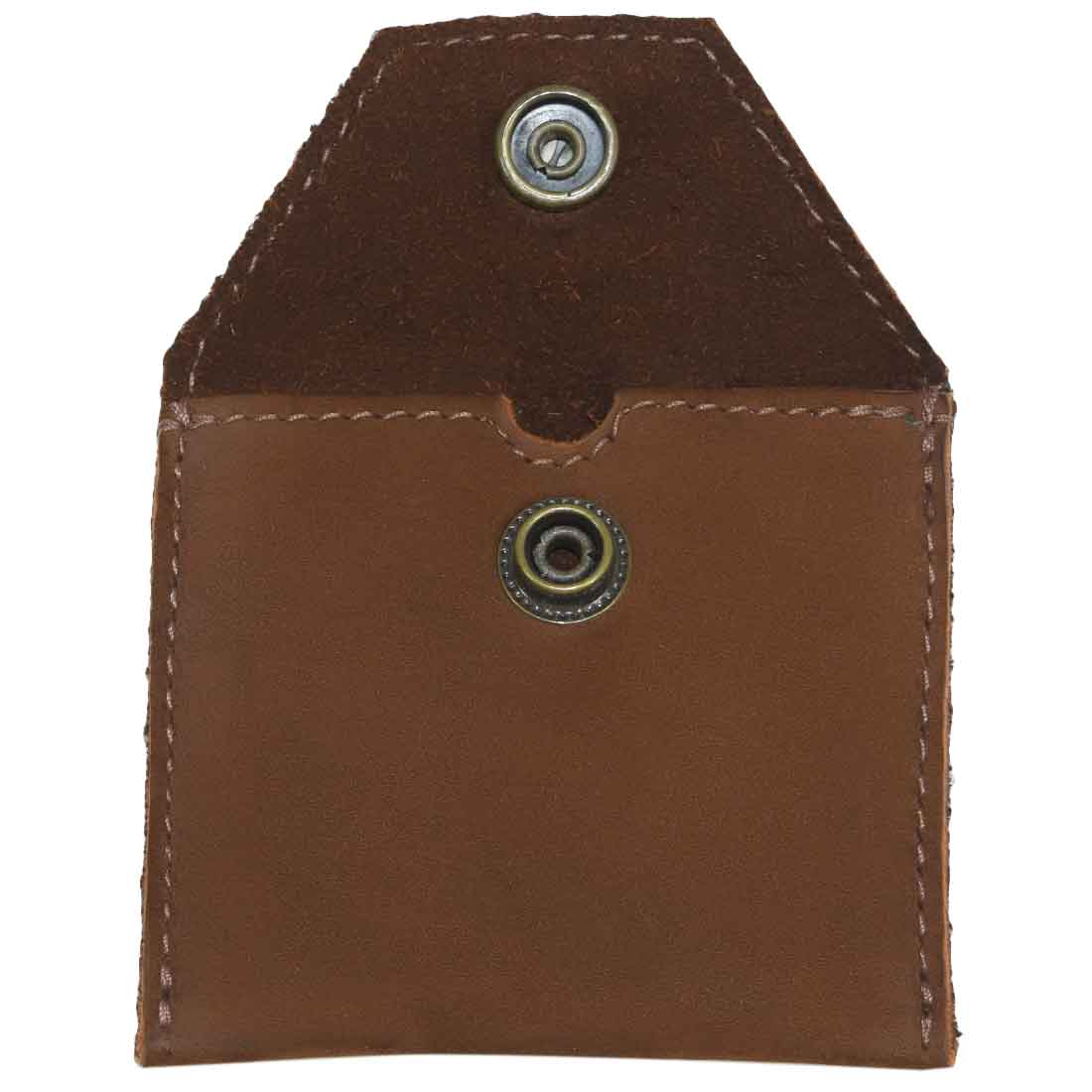 Hide & Drink Tampon Case featuring a secure snap closure in a rich brown leather finish. Ideal for holding tampons or condoms, it reflects artisan quality from Oaxaca Mexico.