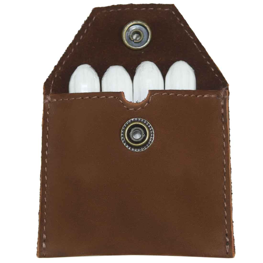Hide & Drink Tampon Case with a lighter brown color, designed to hold tampons or condoms discreetly. This artisan leather pouch is made through handmade techniques in La Antigua Guatemala.