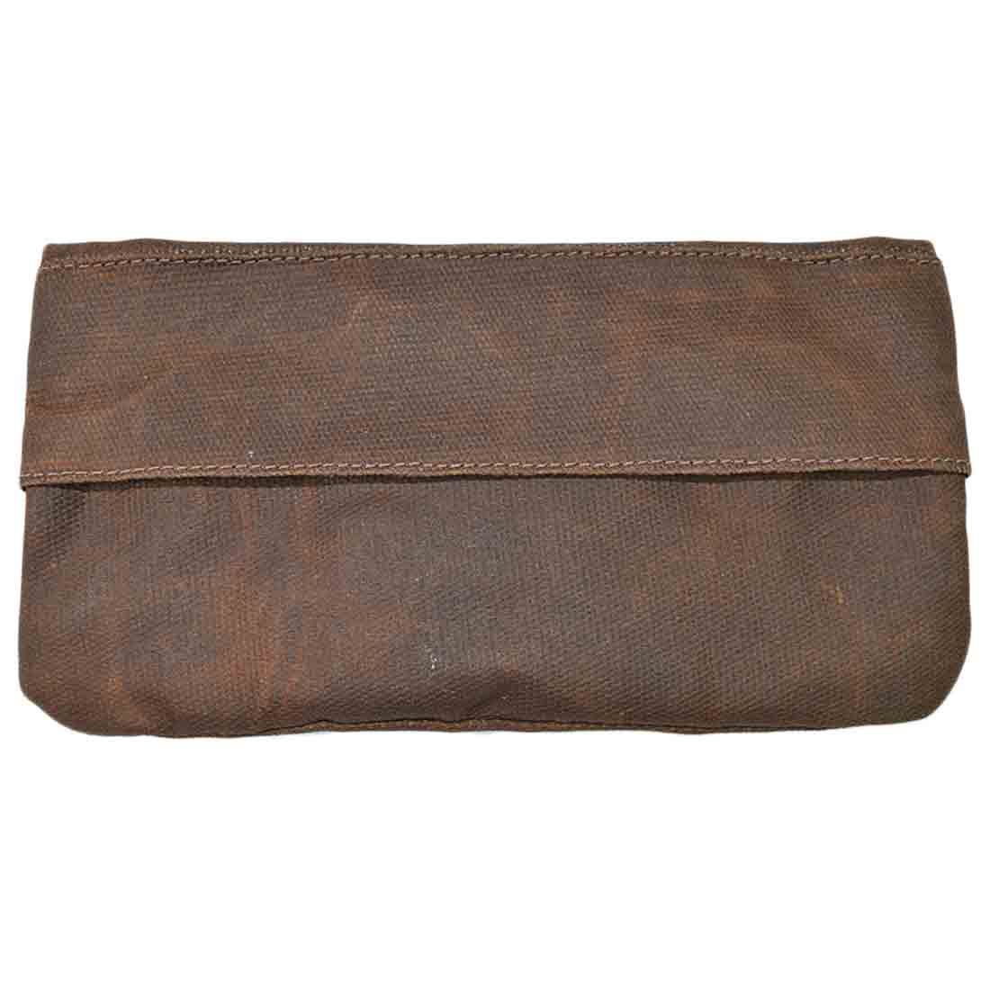 A flat view of the brown Hide & Drink Vape Pen Case (Accessories not included), highlighting its handcrafted quality and durability. This Pen Accessories Kit Pouch Holder is a stylish and secure fit option. G Pen Soft Travel Bag Handmade from Waxed Canvas, Full Grain Leather, StockyardX, Small Batch Production, Hand Cut, Hand Sewn, Fire Branded, Artisan, Handmade in La Antigua Guatemala & Oaxaca Mexico.