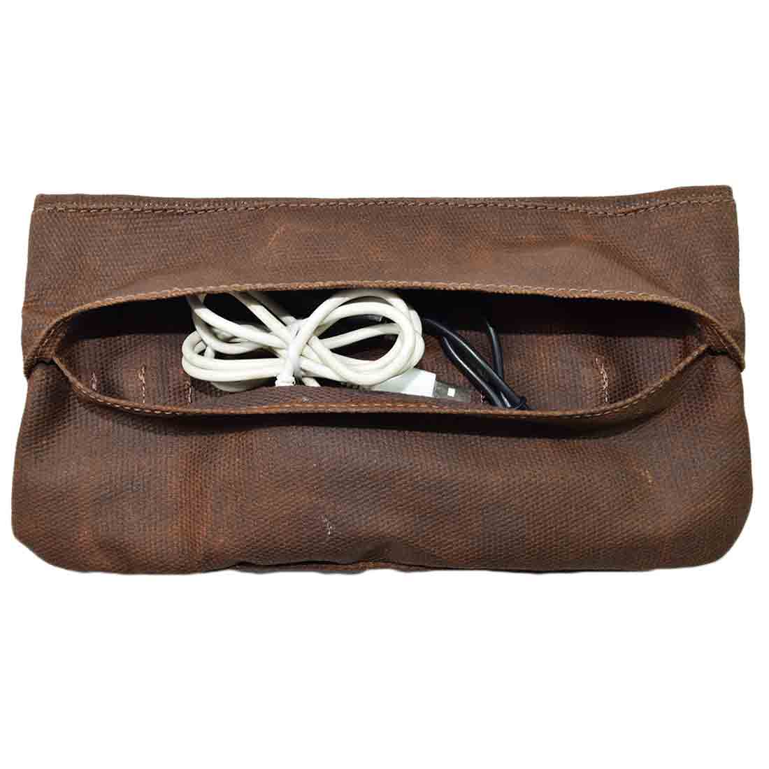 Back of the brown Hide & Drink Vape Pen Case (Accessories not included) revealing its hidden compartment for cables. Perfect as a Pen Accessories Kit Pouch Holder with secure fit for on-the-go use. G Pen Soft Travel Bag Handmade from Waxed Canvas, Full Grain Leather, StockyardX, Small Batch Production, Hand Cut, Hand Sewn, Fire Branded, Artisan, Handmade in La Antigua Guatemala & Oaxaca Mexico.