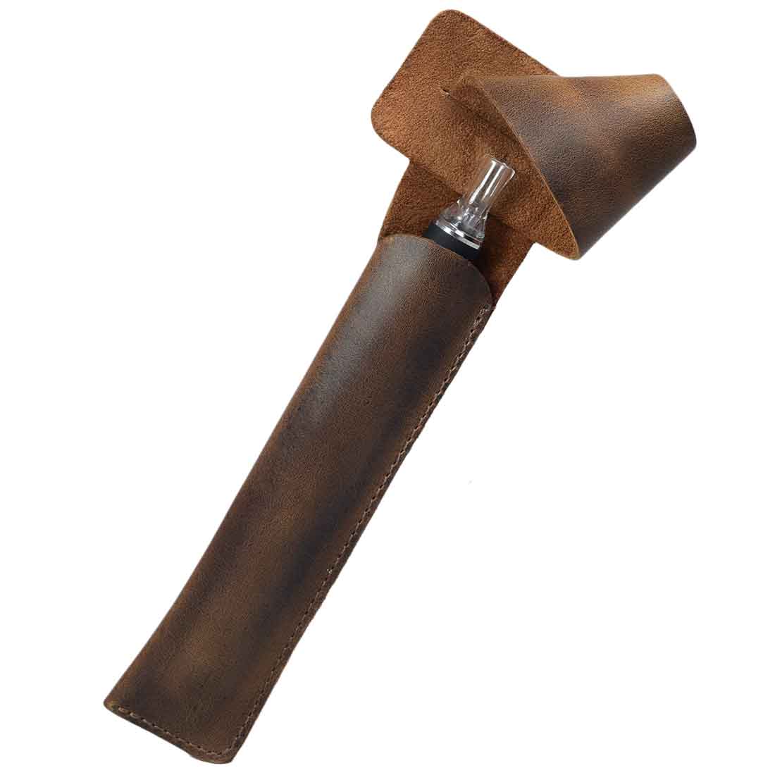 Hide & Drink Vape Pen Holder displayed in an open position, emphasizing its catering design as a Pen Holder for Handbags. This Hanging Pen Case for Tote Bag is crafted from premium full grain leather, representing the dedication of small batch production artisans, hand cut and hand sewn for durability.