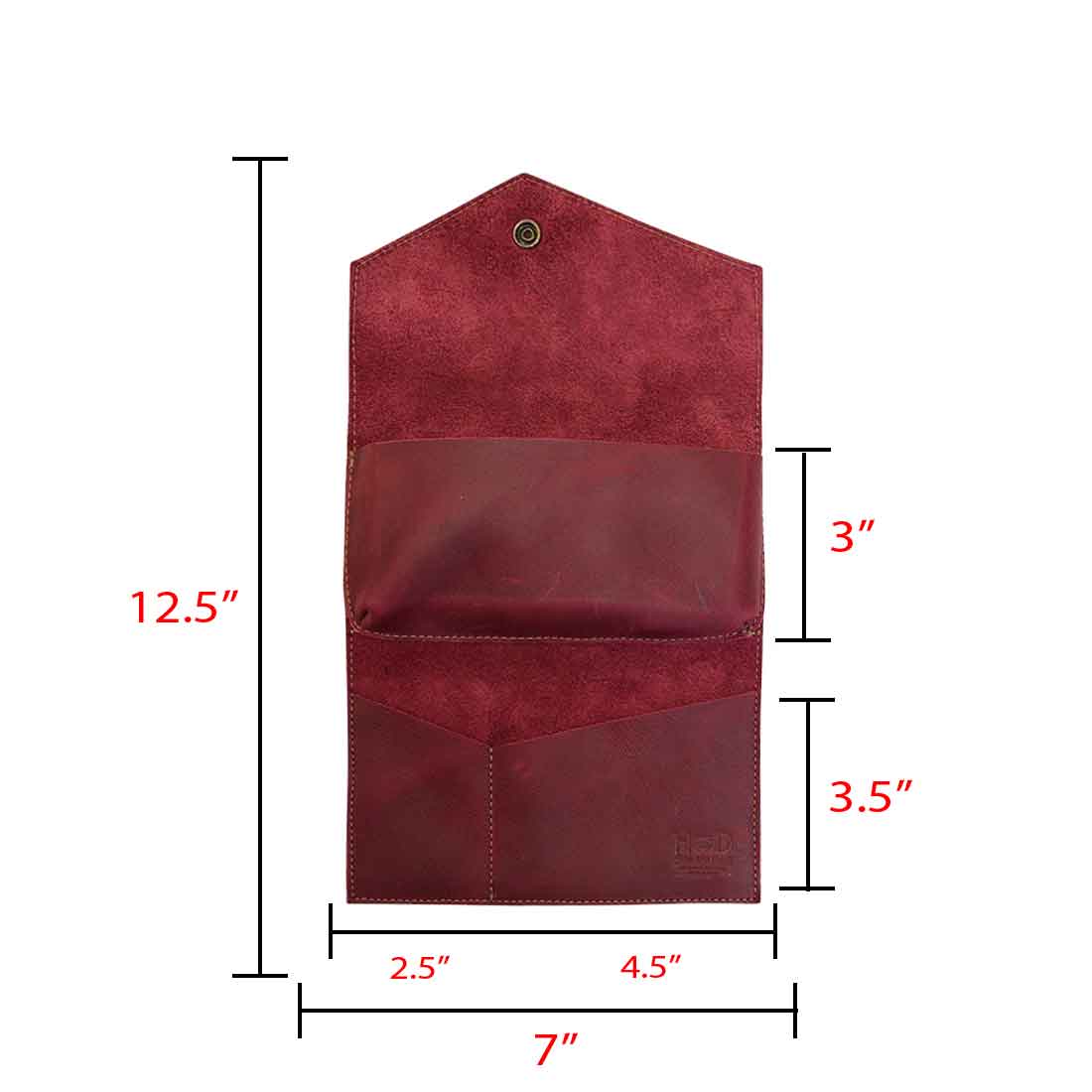Dimensions of the Angular Wallet for Cell Phone by Hide & Drink marked for easy reference, showcasing its Full Grain Leather texture. This Cell Phone Wallet is a result of artisan craftsmanship, made through careful small batch production in La Antigua Guatemala & Oaxaca Mexico.