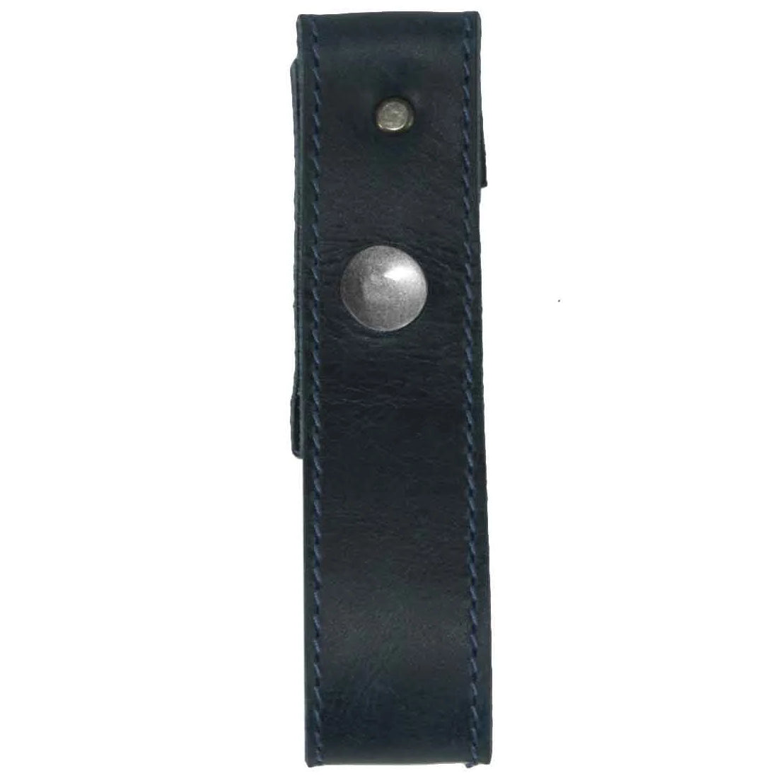 Close-up of a navy blue Hide & Drink Whip Holster, emphasizing its refined design and craftsmanship. This artisanal Whip Holster made from Full Grain Leather serves as a durable Bullwhip Holder, representing Small Batch Production and Handmade quality in La Antigua Guatemala & Oaxaca Mexico.