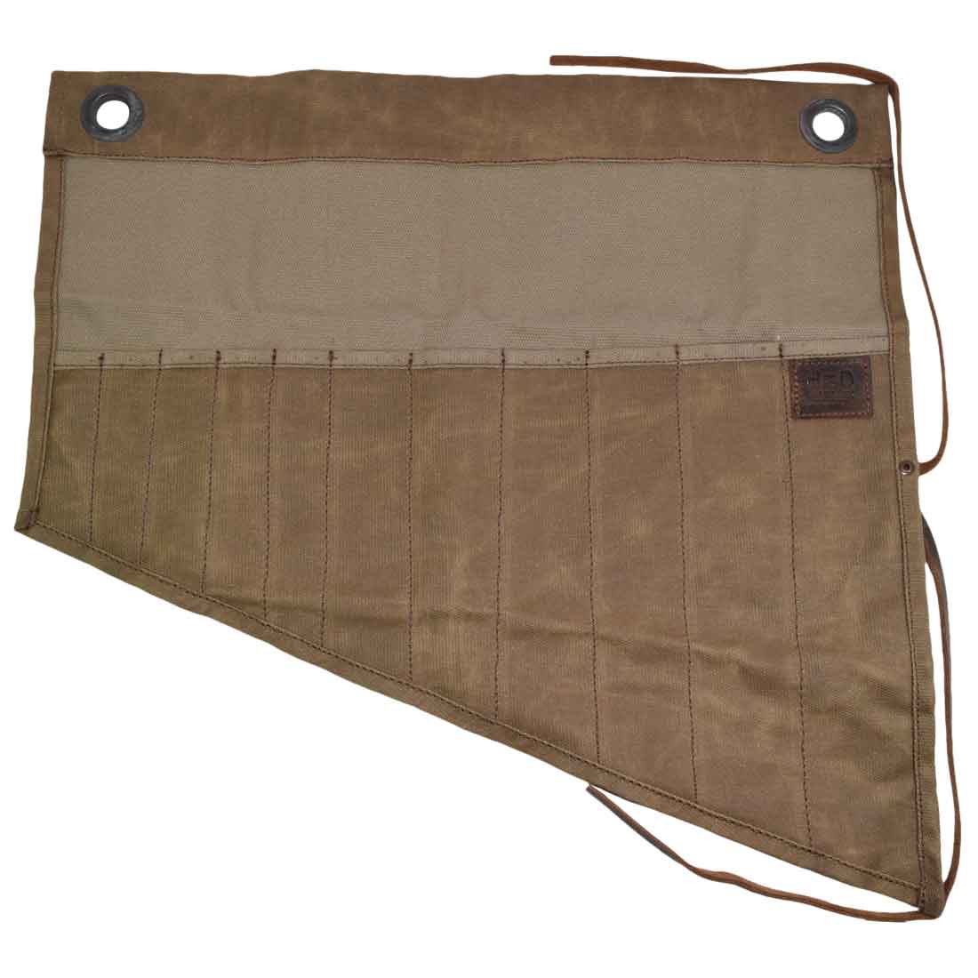 Hide & Drink's Wrench Roll (11 Pockets) displayed open without wrenches, highlighting its pockets for easy access. As a Wrench Tool Roll, it's perfect for craftsmen requiring functional hanging storage. Constructed from durable waxed canvas, this rustic organizer is handmade with a focus on small batch production, hand cut, and hand sewn, with fire branded artisan craftsmanship made in La Antigua Guatemala & Oaxaca Mexico.