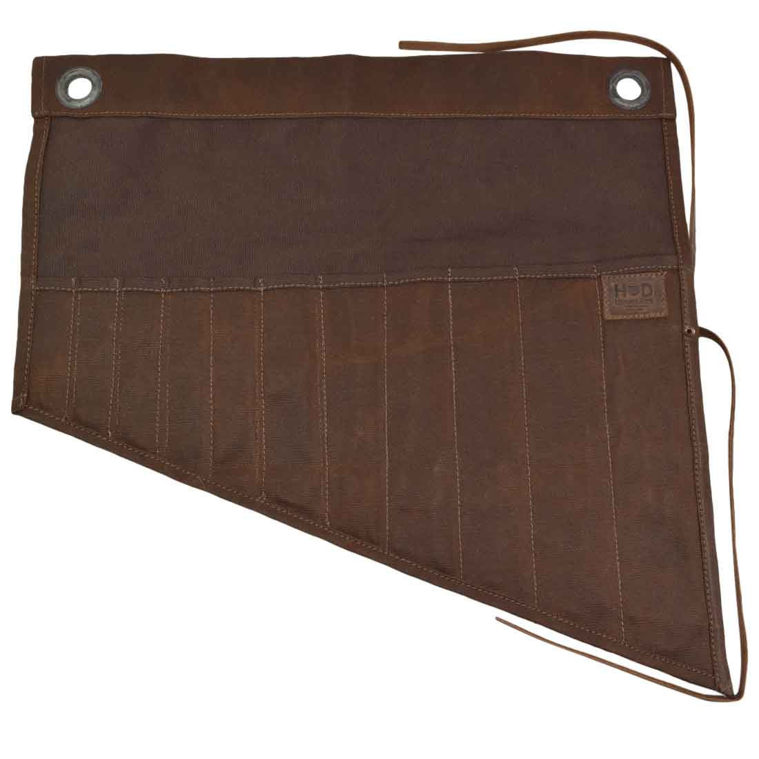 Hide & Drink's Wrench Roll (11 Pockets) displayed with pockets open, featuring a stylish rustic design for efficient tool storage. This Wrench Tool Roll is ideal for craftsmen, serving as a hanging storage solution crafted from waxed canvas. With a focus on small batch production, this hand cut and hand sewn organizer is fire branded, showcasing artisan quality made in La Antigua Guatemala & Oaxaca Mexico.